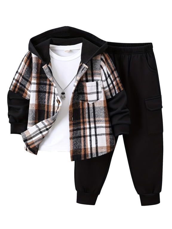 Boys 2 Piece Sweatsuit Flannel Plaid Button Shirt Hoodie and Cargo Pants Sets for Kids Clothes Black 7-8 Years