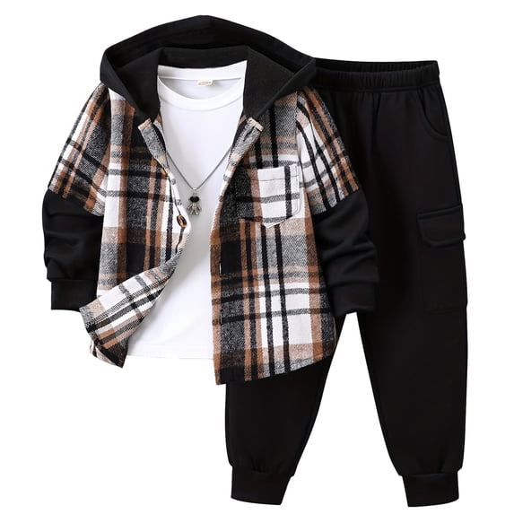 Jolyshlid Boys 2 Piece Sweatsuit Flannel Plaid Button Shirt Hoodie and Cargo Pants Sets for Kids Clothes Black 9-10 Years