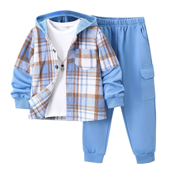 Jolyshlid Boys 2 Piece Sweatsuit Flannel Plaid Button Shirt Hoodie and Cargo Pants Sets for Kids Clothes Blue 4-5T