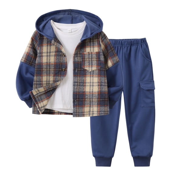Jolyshlid Boys 2 Piece Sweatsuit Flannel Plaid Button Shirt Hoodie and Cargo Pants Sets for Kids Clothes Dark Blue 9-10 Years