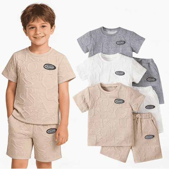 Jolyshlid Boys Shorts Sets 6Pcs Letter Print Texture Short Sleeve T-Shirt and Sports Shorts Summer Outfits for Kids Khaki White Grey 11-12 Years
