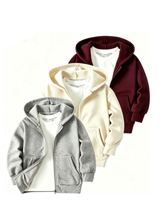 Boys Zip Up Hoodies 3 Packs Casual Long Sleeve Hooded Sweatshirts Kids Fall Winter Clothes 7-8Y