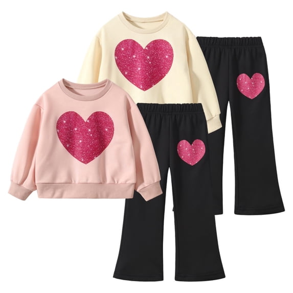 Jolyshlid Girls 4 Piece Outfits Heart Printed Crewneck Sweatshirt and Flare Pants Set Kids Long Sleeve Casual Clothes,Pink Apricot,7-8Y