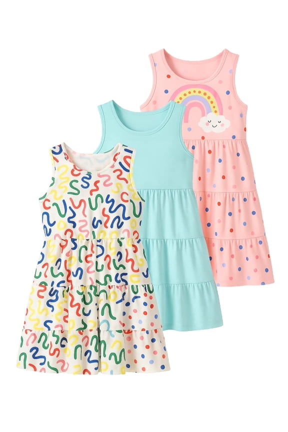 3-Pack Girls' Dresses,Kids Summer Cute Print Sleeveless Crewneck A-Line Sundress,Colorful Blue Pink,5-6Y