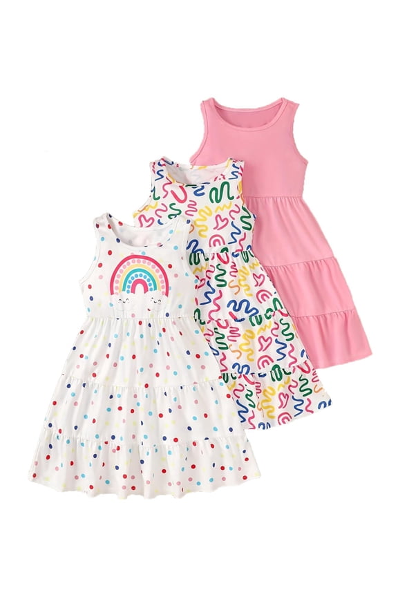 3-Pack Toddler Girls Sleeveless Crewneck A-line Tiered Summer Sundress, Colorful Rainbow Print Casual Dress for Kids 4-5 Years