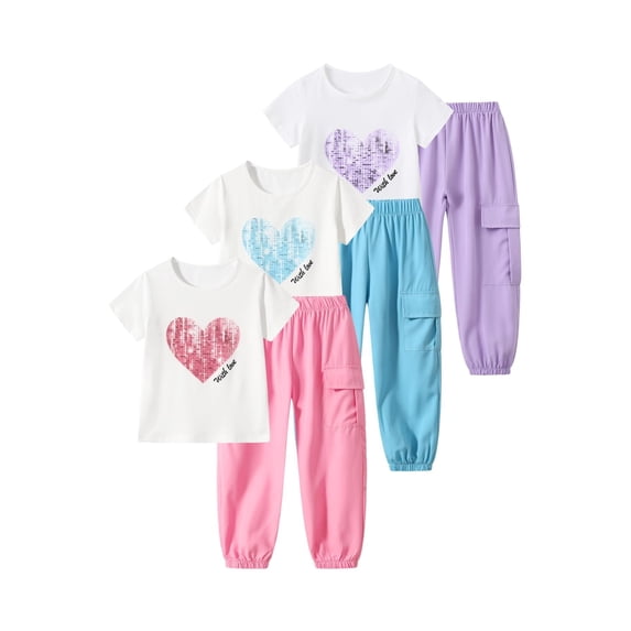 Jolyshlid Girls Outfits 6 Pcs Heart Printed Short Sleeve Tee Tops and Jogging Pants Set Summer Clothing Pink Blue Purple 13-14 Years
