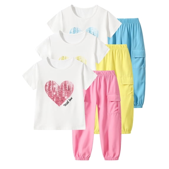 Jolyshlid Girls Outfits 6 Pcs Heart Printed Short Sleeve Tee Tops and Jogging Pants Set Summer Clothing Pink Yellow Blue 7-8 Years