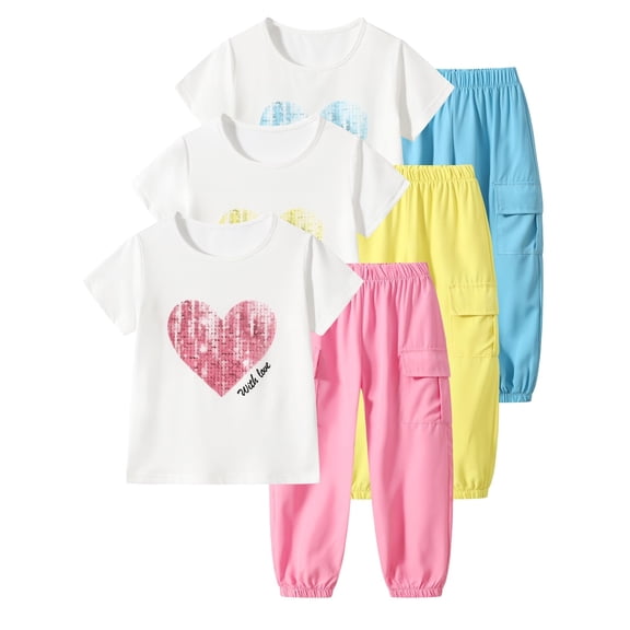 Jolyshlid Girls Outfits 6 Pcs Heart Printed Short Sleeve Tee Tops and Jogging Pants Set Summer Clothing Pink Yellow Blue 7-8 Years
