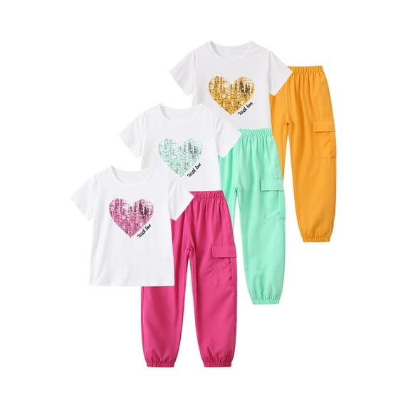 Jolyshlid Girls Outfits 6 Pcs Heart Printed Short Sleeve Tee Tops and Jogging Pants Set Summer Clothing Red Green Yellow 7-8 Years