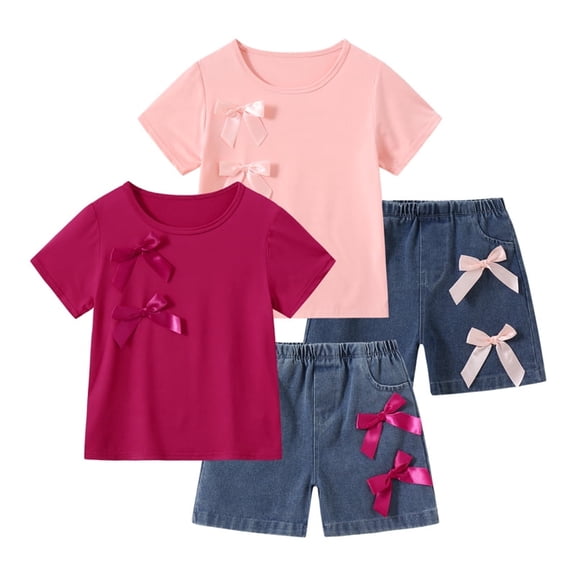 Jolyshlid Girls Summer Clothes 4 Pcs Cute Sweet Bowknot Print Casual Short Sleeve Tee Tops and Denim Shorts Set Pink Red 5-6 Years