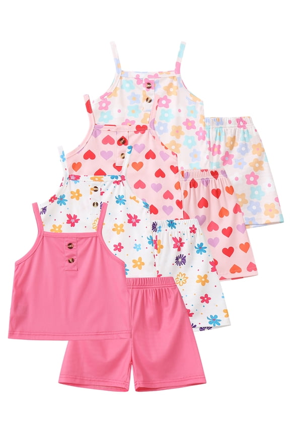 Girls Summer Clothes 8 Piece Outfit Set for Kids, Cami Tank Tops and Shorts Matching Sets, Breathable Casual Beach Wear,Pink Floral,4-5Y