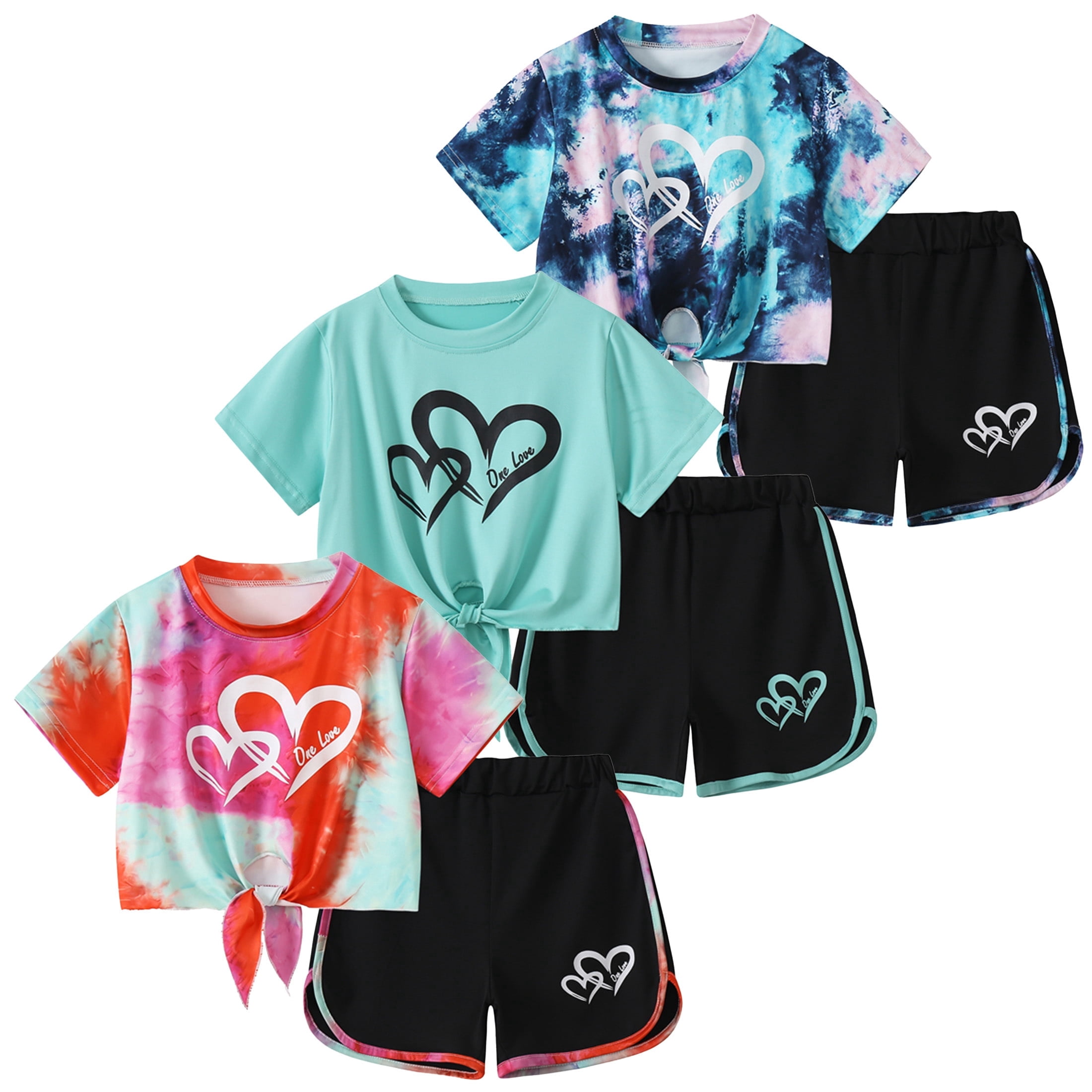 Jolyshlid Girls Summer Outfits 6 Piece Set Tie Dye Heart Print Short Sleeve Tops and Shorts Set Casual Clothing for Kids,Red Light Green Blue,5-6 Years