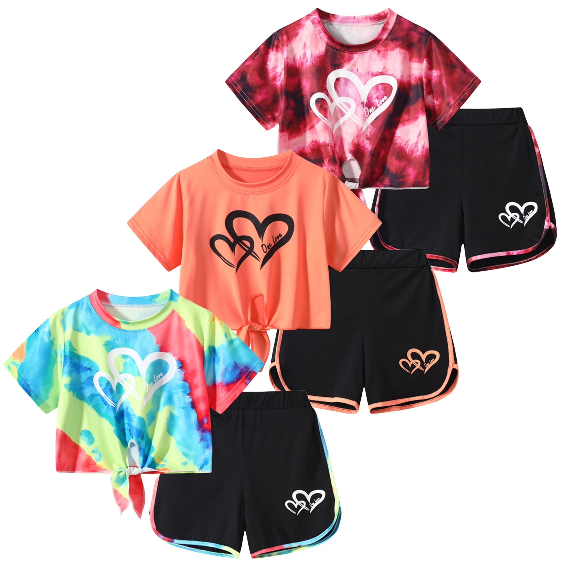 Jolyshlid Girls Summer Outfits 6 Piece Set Tie Dye Heart Print Short Sleeve Tops and Shorts Set Casual Clothing for Kids,Blue Orange red,11-12 Years