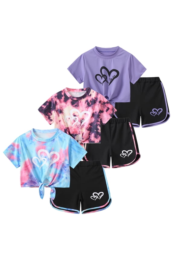 Girls Summer Outfits 6 Piece Set Tie Dye Heart Print Short Sleeve Tops and Shorts Set Casual Clothing for Kids,Blue Purple Pink,5-6 Years