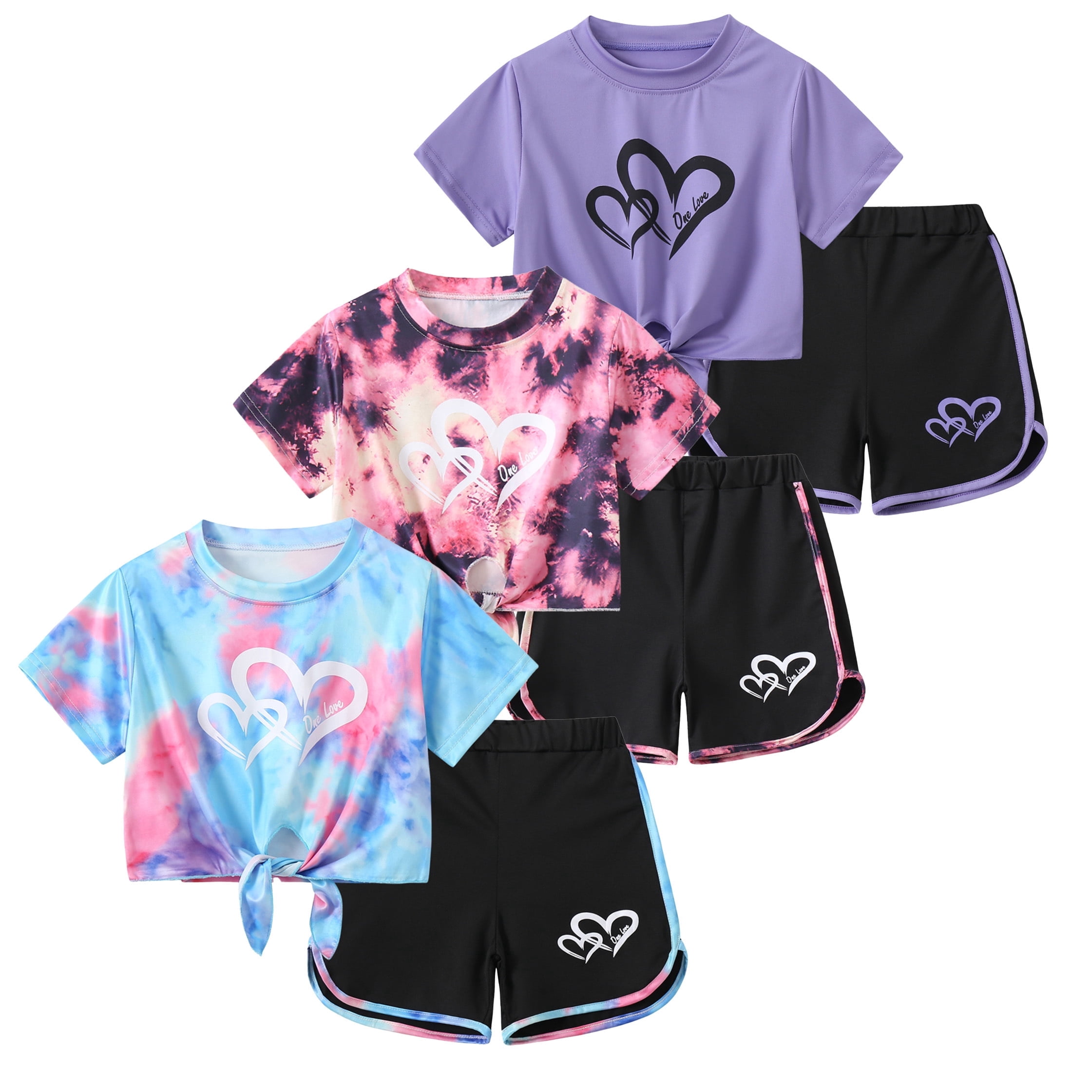 Jolyshlid Girls Summer Outfits 6 Piece Set Tie Dye Heart Print Short Sleeve Tops and Shorts Set Casual Clothing for Kids,Blue Purple Pink,9-10 Years