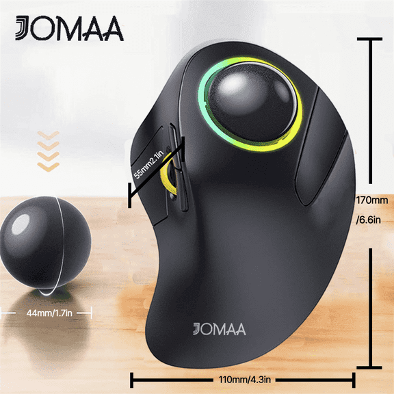 Jomaa EM03 Wireless BluetoothTrackball Mouse Rechargeable Ergonomic RGB Backlit Rollerball Mice for Windows Mac iPad