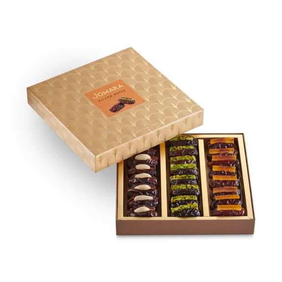 Jomara Premium Filled Dates Gift Pack 3 Flavors (Orange Peel, Pistachio, Roasted Almond) | Natural Source of Fiber and Antioxidants | 12.9 oz / 365g