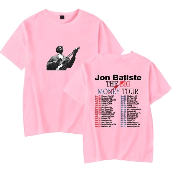 Jon Batiste The Big Money Tour 2025 Merch T-Shirt Women Men Casual Crewneck Short Sleeve Fashion Tee,S,Pink