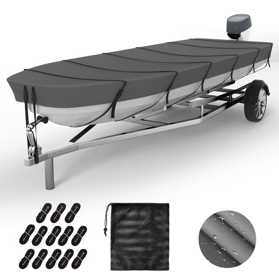 Jon Boat Cover 12'-14' Trailerable Boat Cover 600D Oxford Waterproof UV Resistant Marine Grade Adjustable Side Straps Cover