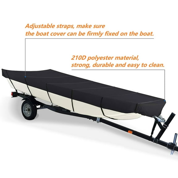 Jon Boat Cover Waterproof Heavy Duty Black Boat Cover with Adjustable Straps, 14ft x 70in, 210 Denier Polyester