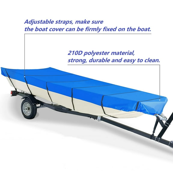 Jon Boat Cover Waterproof Heavy Duty Blue Boat Cover with Adjustable Straps 14ft x 70in, 210 Denier Polyester