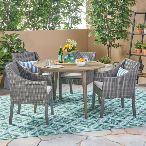 Jon Outdoor 5 Piece Acacia Wood and Wicker Dining Set with Cushions, Gray, Gray, Silver