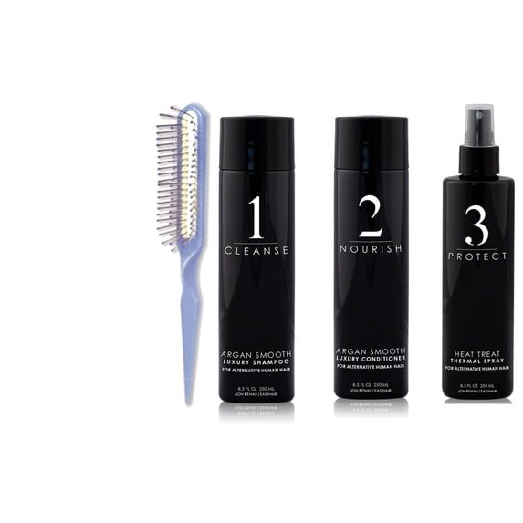 Jon Renau Argan Smooth Human Hair Care (Shampoo, Conditioner, Thermal Spray and Wig Brush)