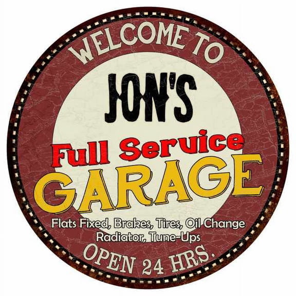 Jon's Full Service Garage 14" Round Metal Sign Man Cave Decor 100140037016