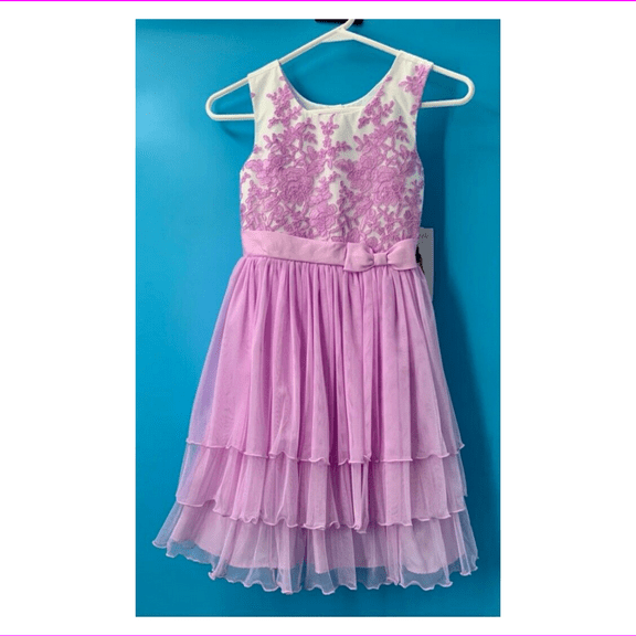 Jona Michelle Girls A-Line Dress Floral Layered Lace Tie Back Bow 12 New