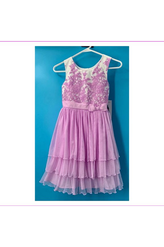 Girls A-Line Dress Floral Layered Lace Tie Back Bow 12 New