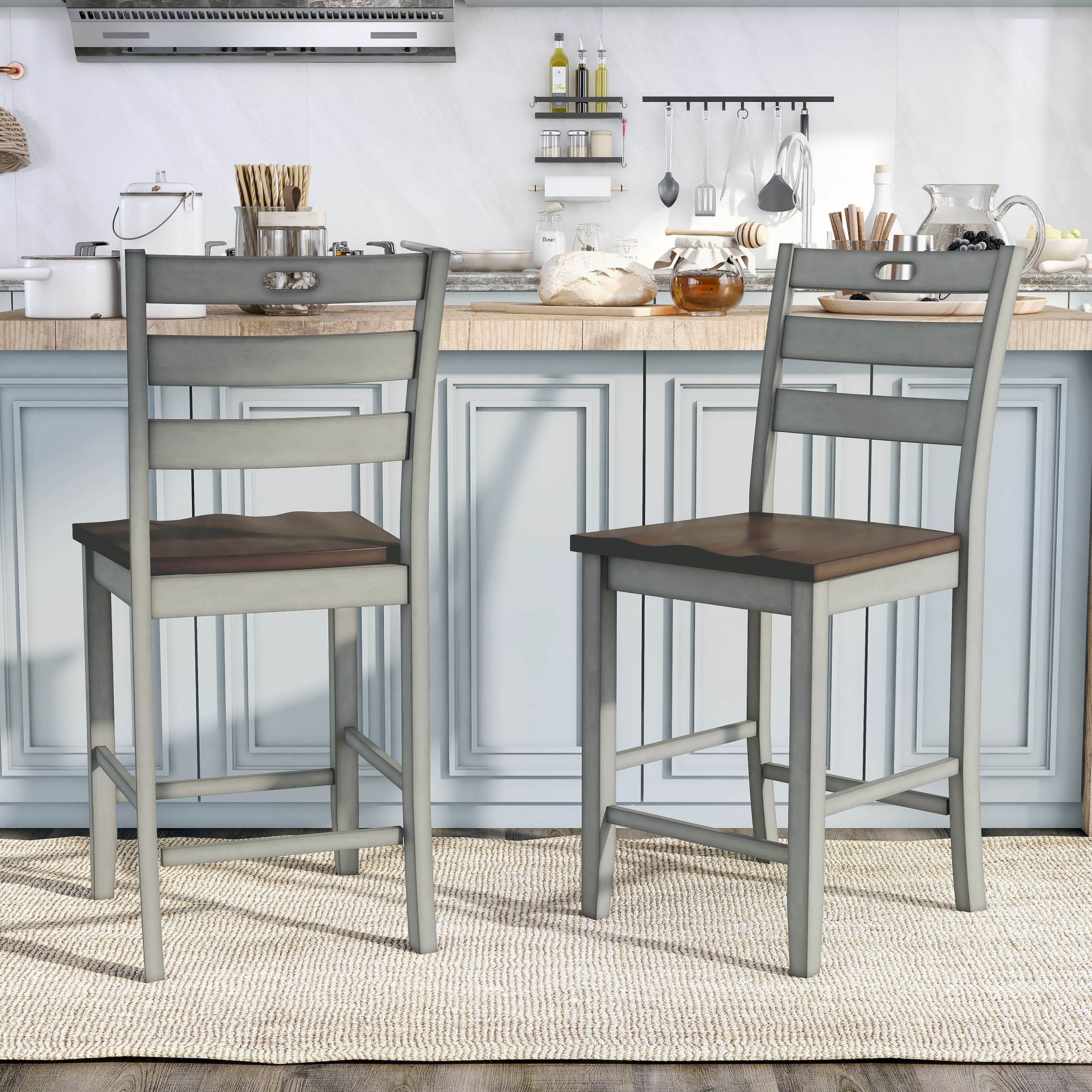 Light Gray and Oak Ladder Back Counter Height Barstool Set