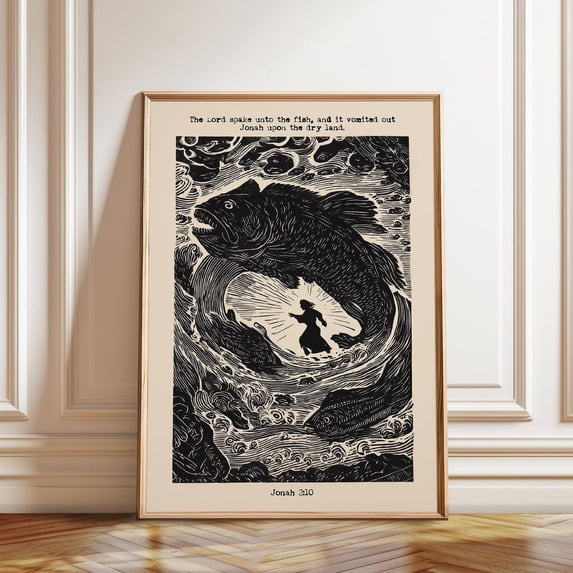 Jonah and the Whale Bible Verse Illustration Artwork, Unframed Paper Poster 16x20in