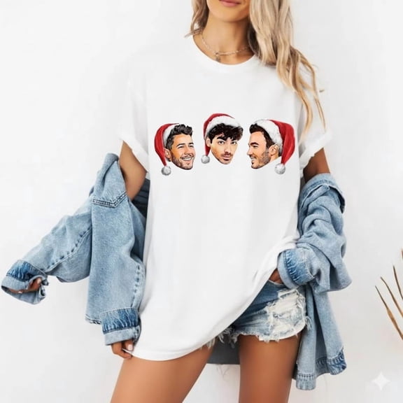 Jonas Brothers Christmas Sweater Style T-Shirt ,White Color,Size M
