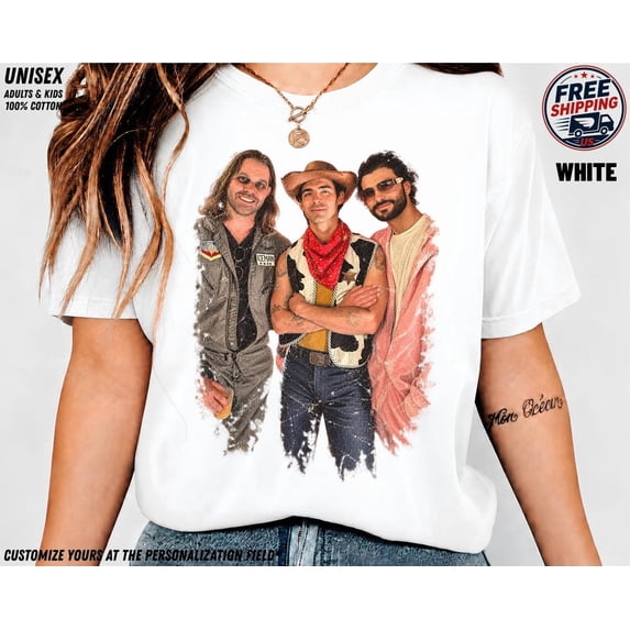 Jonas Brothers Halloween Cowboy Band Adults T-shirt, Retro Spooky Season Fan Shirt,White Color,Size 2XL