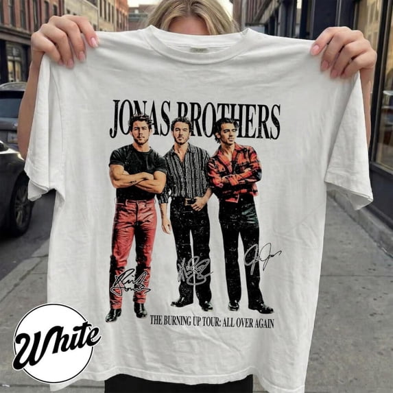 Jonas Brothers The Burning Up Tour All Over Again Graphic Vintage T-Shirt,White Color,Size 3XL
