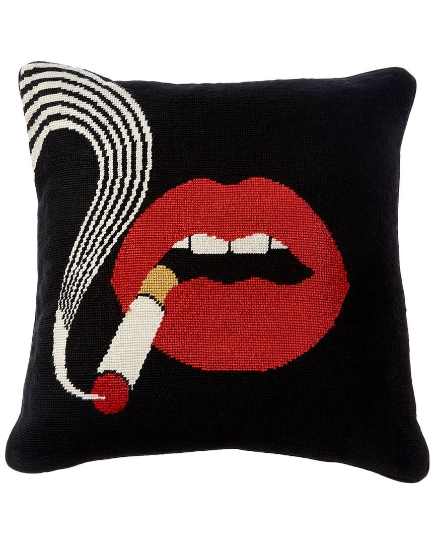 Square Embroidered Velvet Pillow with Red Lips Design