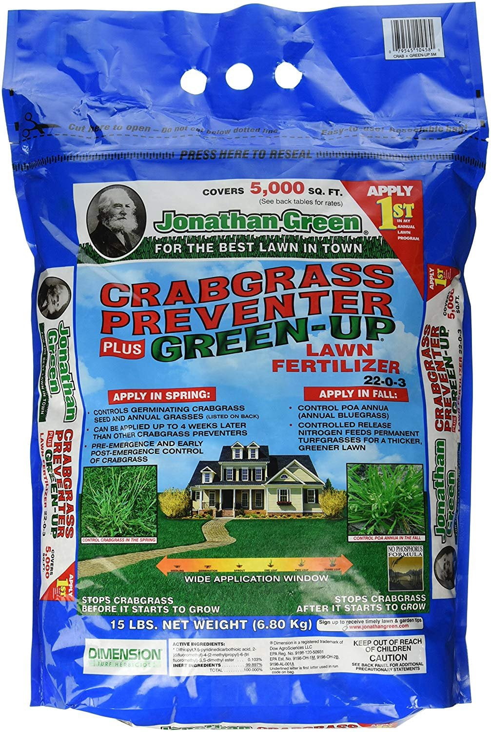 Jonathan Green 10458 Crabgrass Preventer Plus Green-Up Lawn Fertilizer — Outdoor & Indoor Plant Use, Easy Application