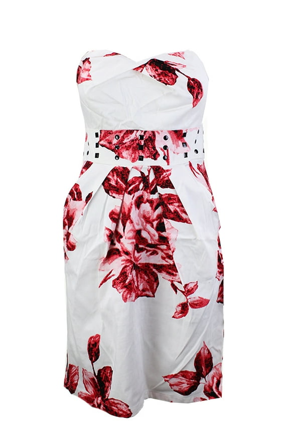Ivory Red Floral Print Strapless Pleated Sheath Dress 10