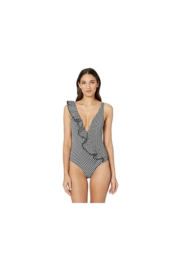Gingham Asymmetrical Ruffle One-Piece, Black/White, Large