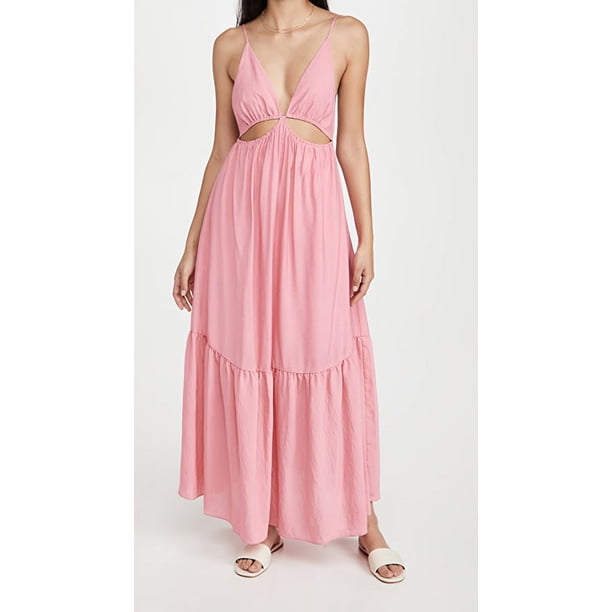 simkhai pink dress Hope Bow Tie Mini in Dusty Rose column silhouette adorned with intricate detailing. Lottie Bougainvillea Knit Mini Dress