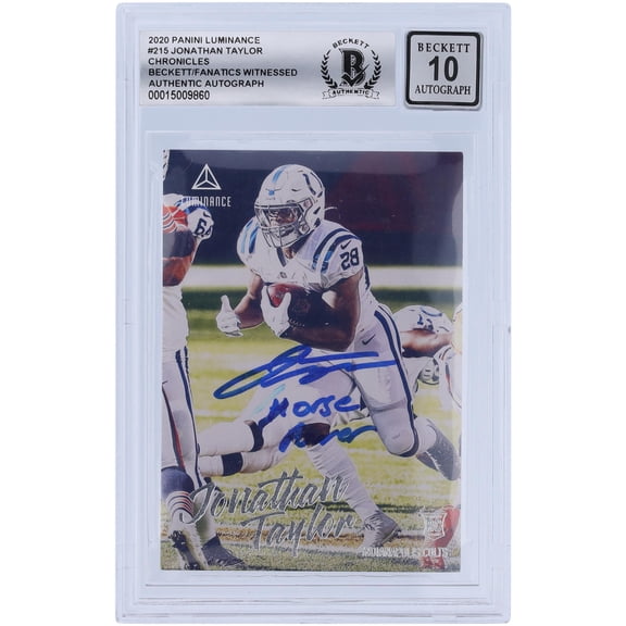 Jonathan Taylor Indianapolis Colts Autographed 2020 Panini Chronicles Luminance #215 Beckett Fanatics Witnessed Authenticated 10 Rookie Card with "Horse Power" Inscription - Fanatics Authentic
