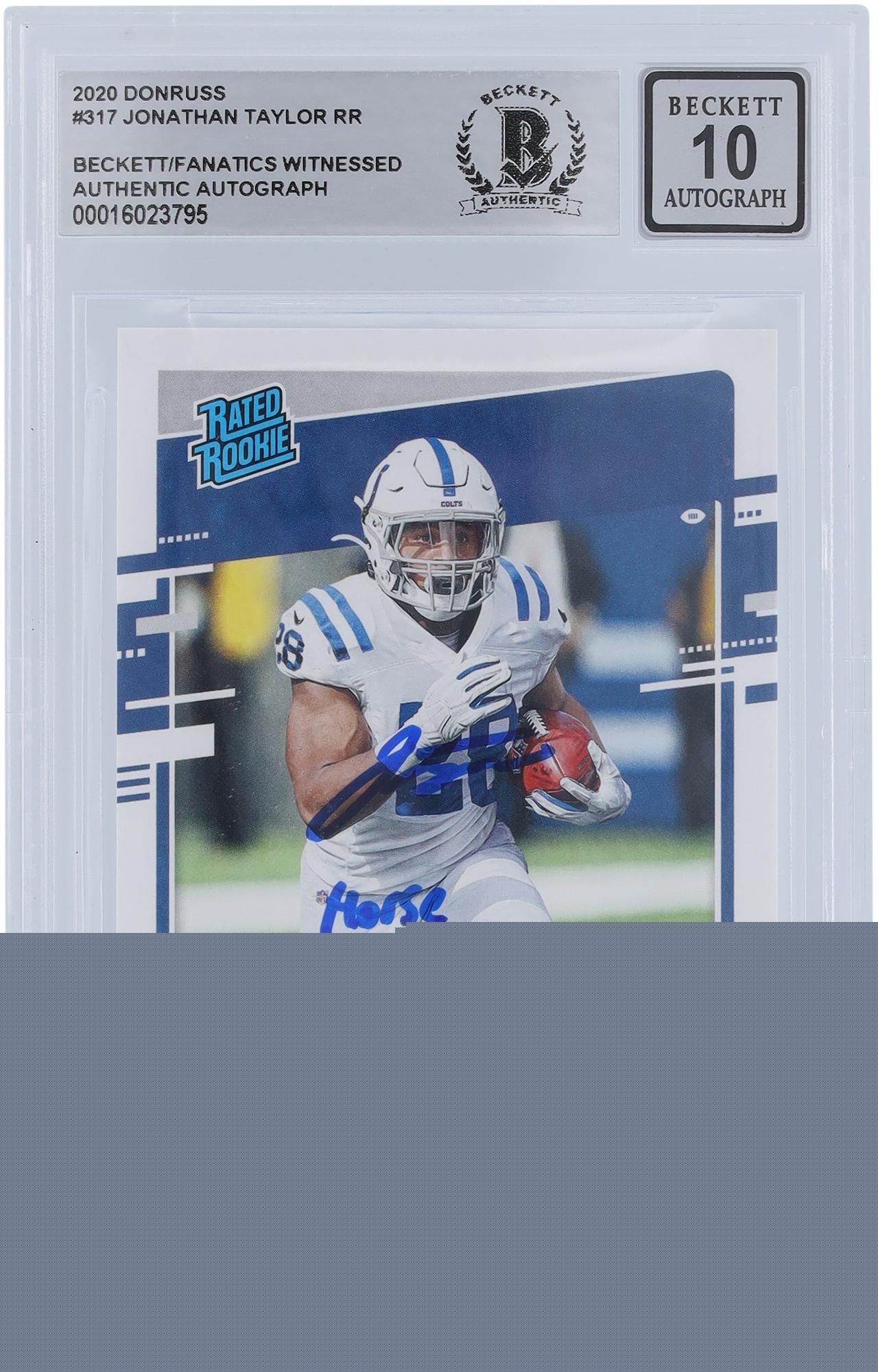 Jonathan Taylor Indianapolis Colts Autographed 2020 Panini Donruss Rated Rookie #317 Beckett Fanatics Witnessed Authenticated 10 Rookie Card with "Horse Power" Inscription - Fanatics Authentic