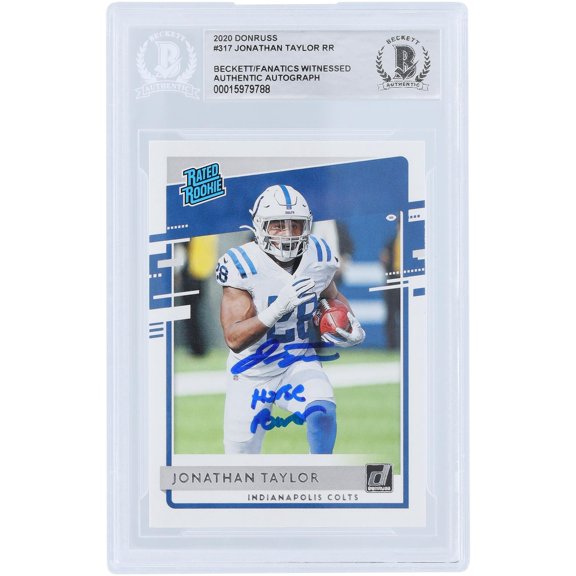 Jonathan Taylor Indianapolis Colts Autographed 2020 Panini Donruss Rated Rookie #317 Beckett Fanatics Witnessed Authenticated Rookie Card with "Horse Power" Inscription - Fanatics Authentic Certified