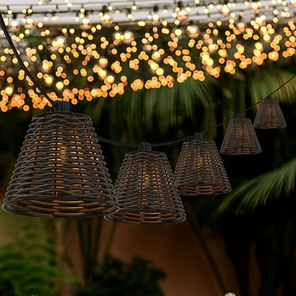 JONATHAN Y Payton 10-Light Indoor/Outdoor 10 ft. Classic Cottage LED G40 Faux-Rattan Shaded String Lights, Dark Brown