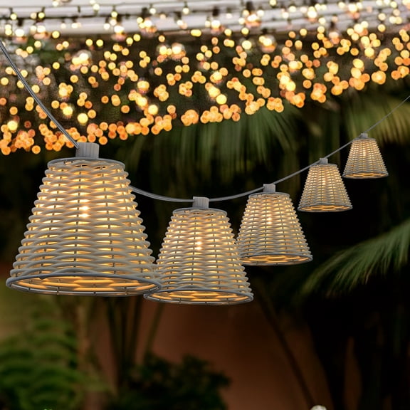 JONATHAN Y Payton 10-Light Indoor/Outdoor 10 ft. Classic Cottage LED G40 Faux-Rattan Shaded String Lights, White