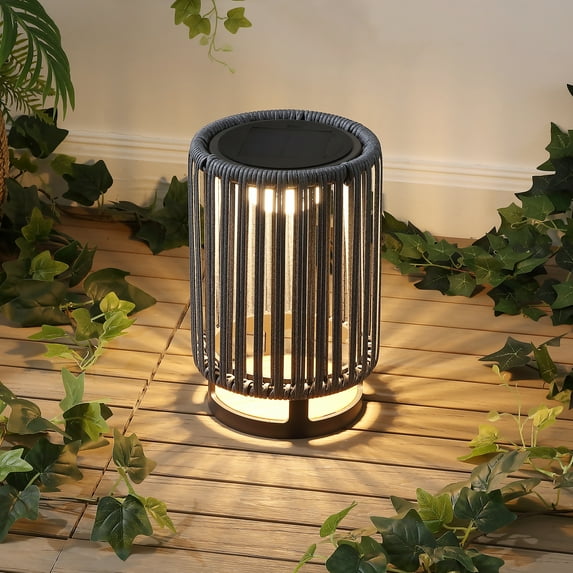 JONATHAN Y Sawara 12.5" Modern Minimalist Faux Rattan Integrated Indoor/Outdoor LED Solar Powered Lantern, Charcoal/Black, JYL2602A