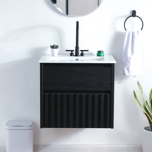 JONATHAN Y Sherwin 24 in. W x 18 in. D x 20 in. H, Slat 2-Drawer, Wall Mounted Bath Vanity Cabinet ONLY, Black, VAN1016C