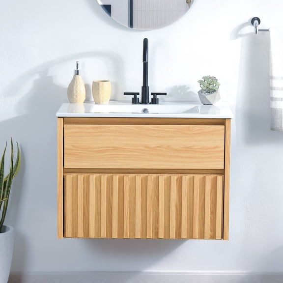 JONATHAN Y Sherwin 30 in. W x 18 in. D x 20 in. H, Slat 2-Drawer, Wall Mounted Bath Vanity Cabinet ONLY, Oak, VAN1017A