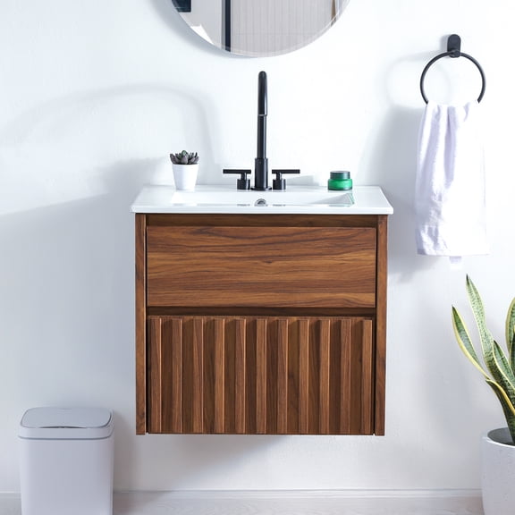 JONATHAN Y Sherwin 24 in. W x 18 in. D x 20 in. H, Slat 2-Drawer, Wall Mounted Bath Vanity Cabinet ONLY, Walnut, VAN1016B