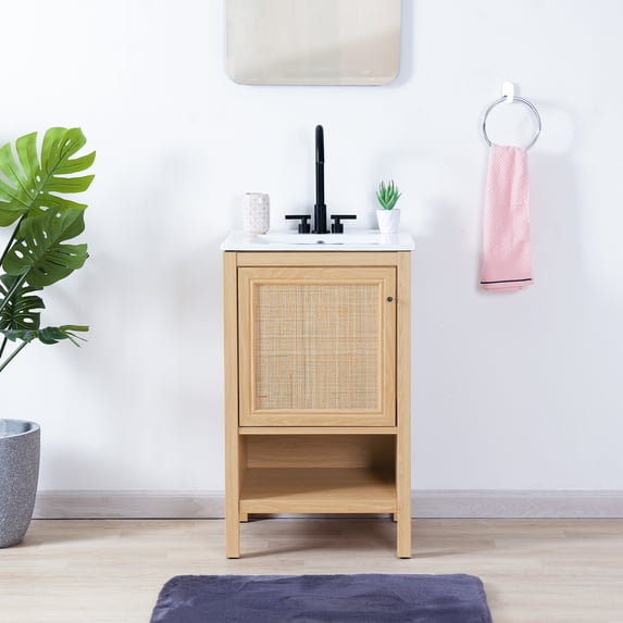 JONATHAN Y Jasper 20 in. W x 18 in. D x 33 in. H, Rattan 2-Shelf, Bath Vanity Cabinet ONLY, Oak, VAN1022A